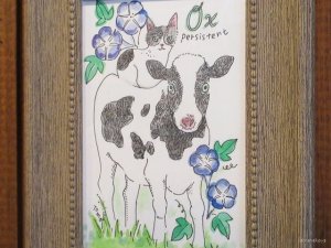 画像2: キムラトモミ　ペン画・水彩　『十二支と猫ちゃんのイラスト原画』丑年